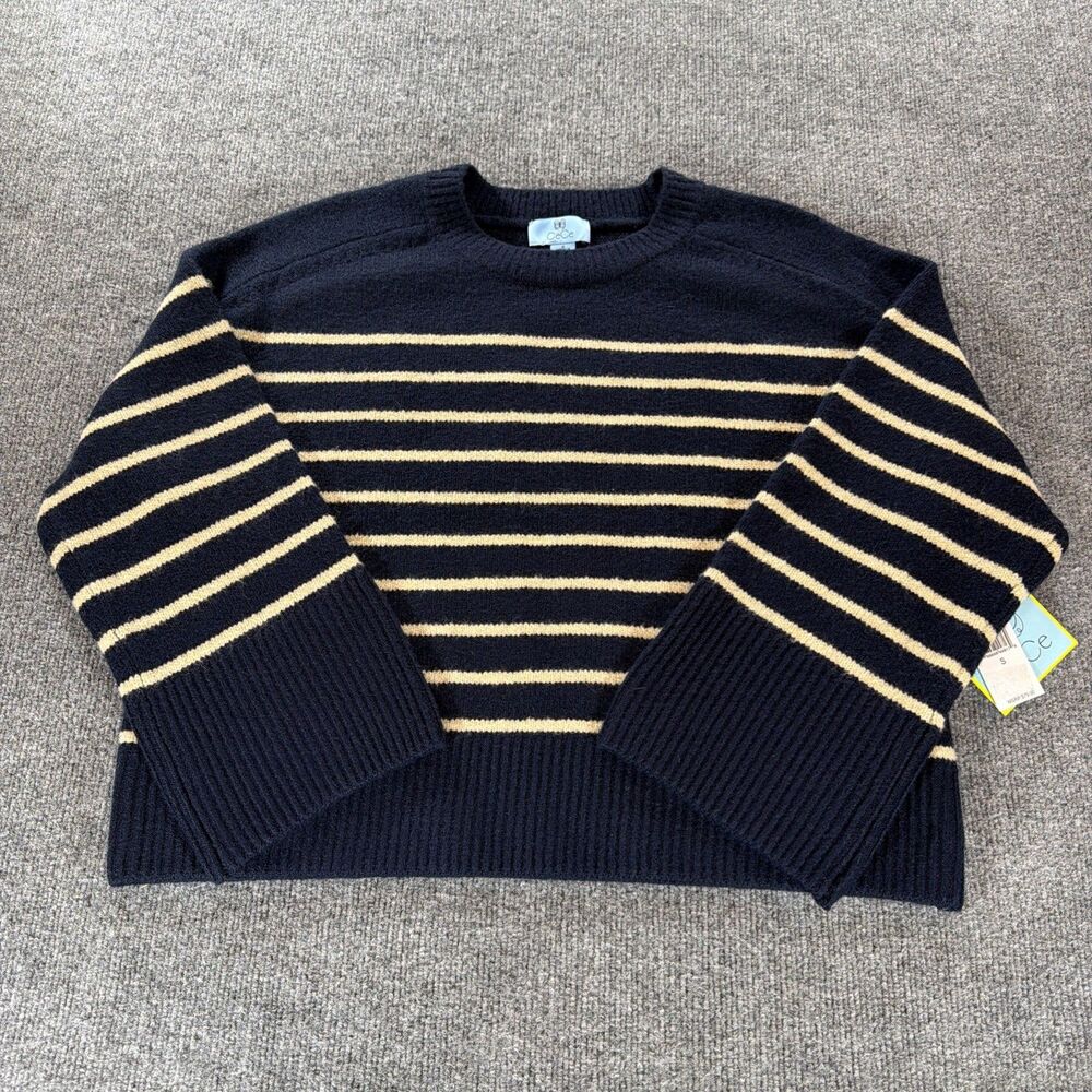 CeCe Navy White Striped Cropped Knit Sweater – Size S – NWT